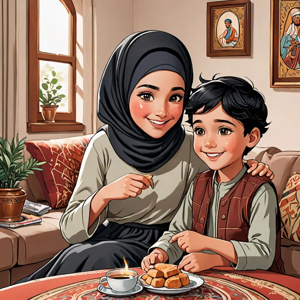 a woman and a boy sitting on a couch with a plate of food in front of them on a table, unilalianism, a storybook illustration, Altoon Sultan, storybook illustration