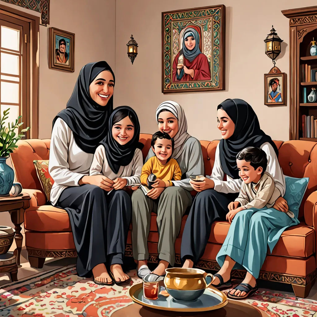 a painting of a family sitting on a couch together, with a bowl of food in front of them, hurufiyya, a storybook illustration, Altoon Sultan, official art
