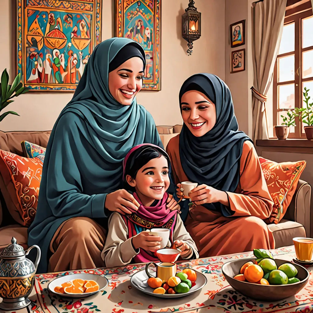a painting of a family having a meal together on a couch with a bowl of fruit and a teapot, american scene painting, a storybook illustration, Altoon Sultan, highly detailed digital painting