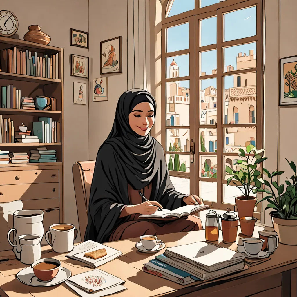 a woman sitting at a desk with a book and coffee in front of her and a window with a view of a city, art & language, a storybook illustration, Atey Ghailan, storybook illustration