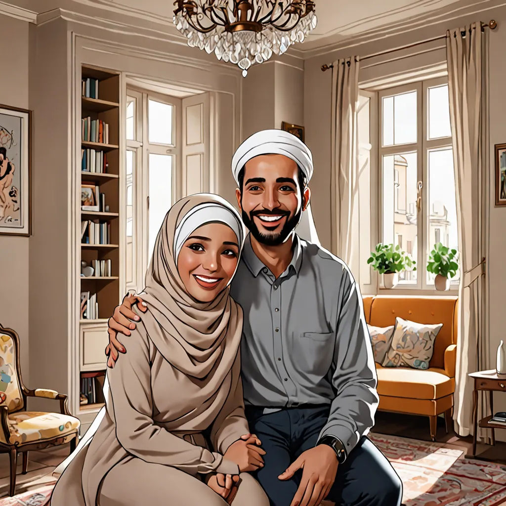 a couple is sitting on a couch in a living room together, with a painting of them in the background, hurufiyya, a storybook illustration, Altoon Sultan, highly detailed digital painting