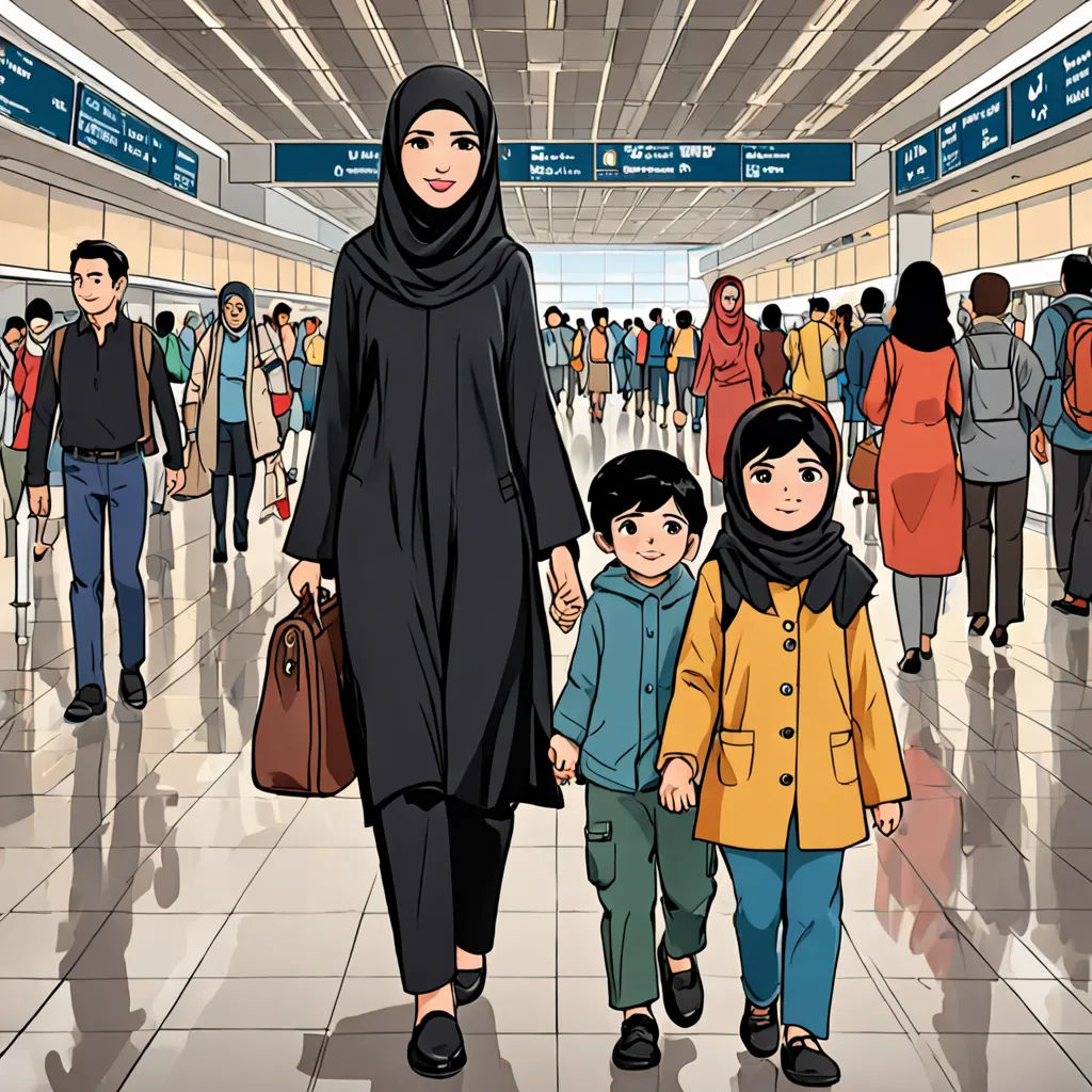 a woman and two children walking through a terminal with people in the background and a sign that says,, hurufiyya, a storybook illustration, Art & Language, detailed illustration