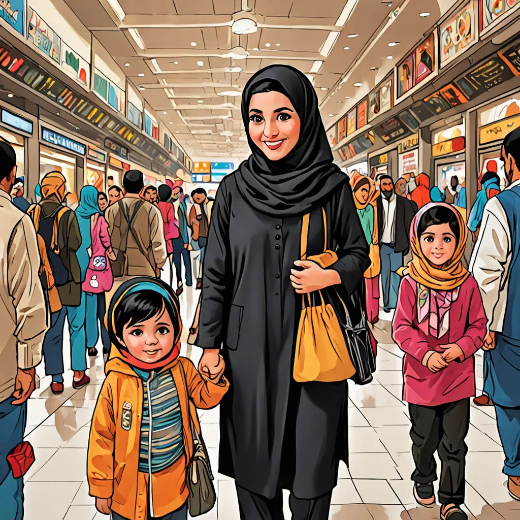 a woman and child are walking through a mall together, with a crowd of people in the background,, lyco art, a storybook illustration, Art & Language, detailed illustration