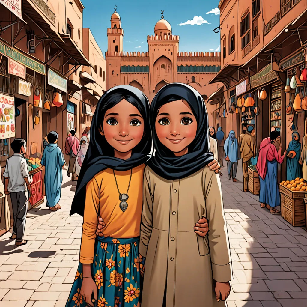 two women standing in a street in a city with a crowd of people in the background and a building with a clock tower, hurufiyya, a storybook illustration, Altoon Sultan, comic cover art