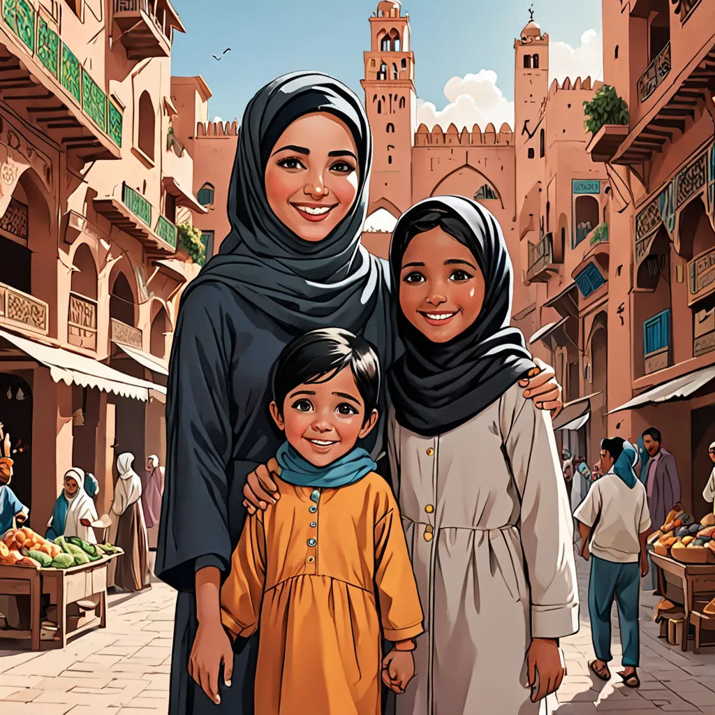 a painting of a woman and two children in a street with a castle in the background and people walking around, hurufiyya, a storybook illustration, Altoon Sultan, comic cover art