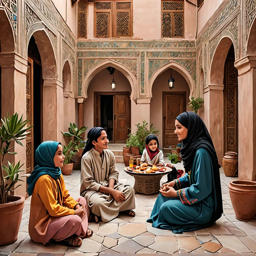 a group of people sitting around a courtyard eating food and talking to each other on a table with potted plants, art & language, egyptian art, Art & Language, highly detailed digital painting