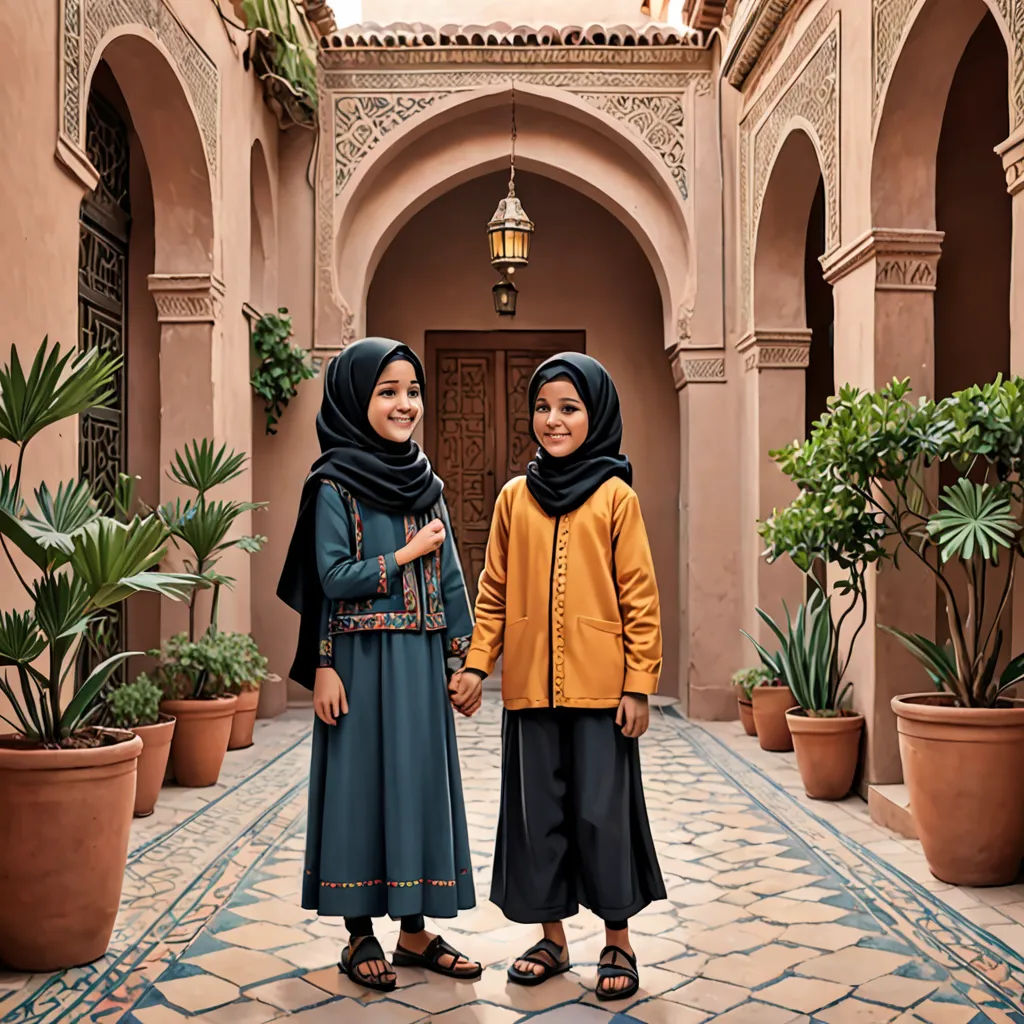 two women standing in a courtyard with potted plants and a light fixture above them, both wearing hijabs, hurufiyya, egyptian art, Fathi Hassan, award - winning photography