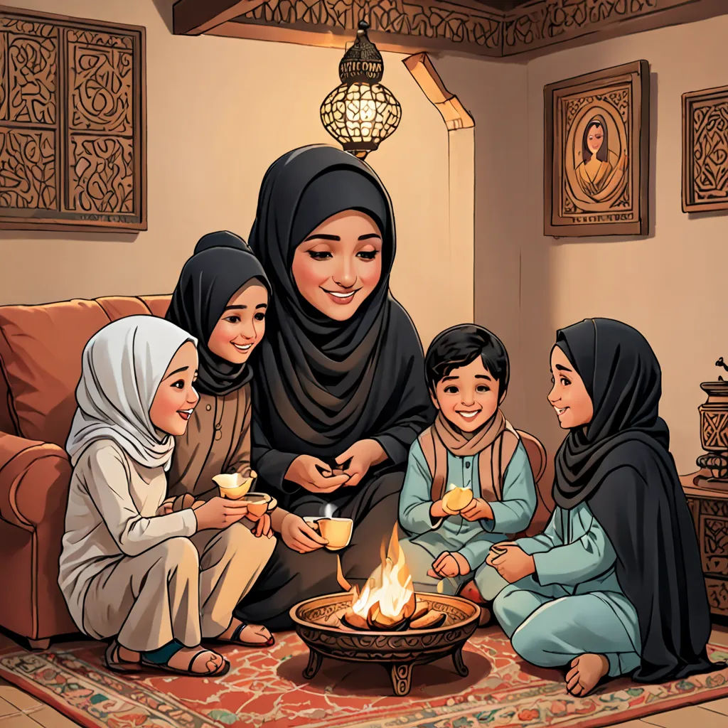 a painting of a family sitting around a fire pit with a woman holding a cup of tea and two children, hurufiyya, a storybook illustration, Altoon Sultan, official art