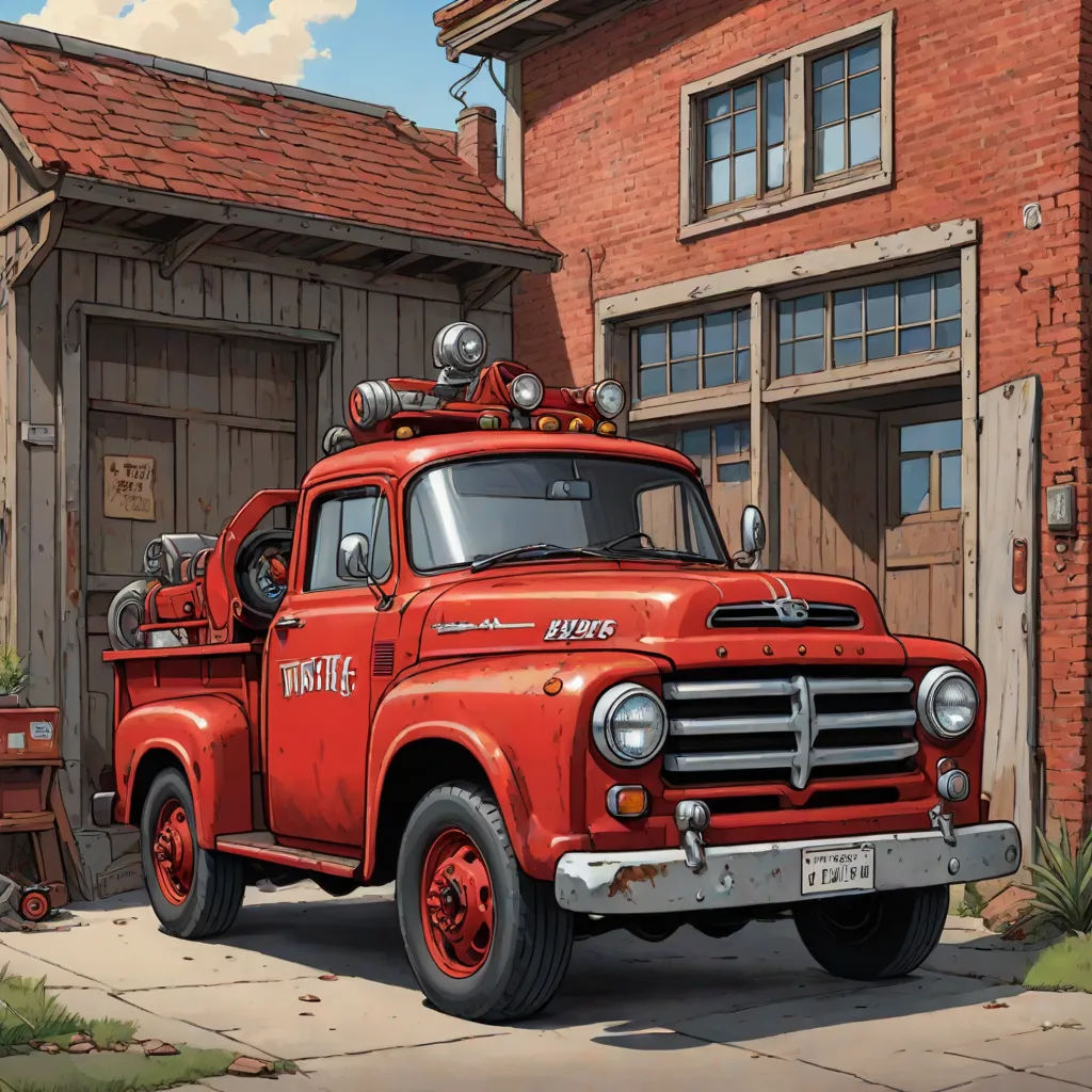 a red fire truck parked in front of a red brick building with a red fire hydrant on the front, american scene painting, an ultrafine detailed painting, F Scott Hess, matte drawing
