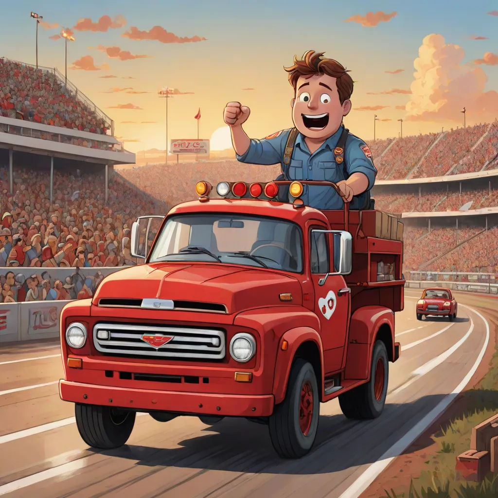 a cartoon character is riding on the back of a fire truck in a stadium with a crowd of people, american scene painting, a storybook illustration, Cliff Childs, official art