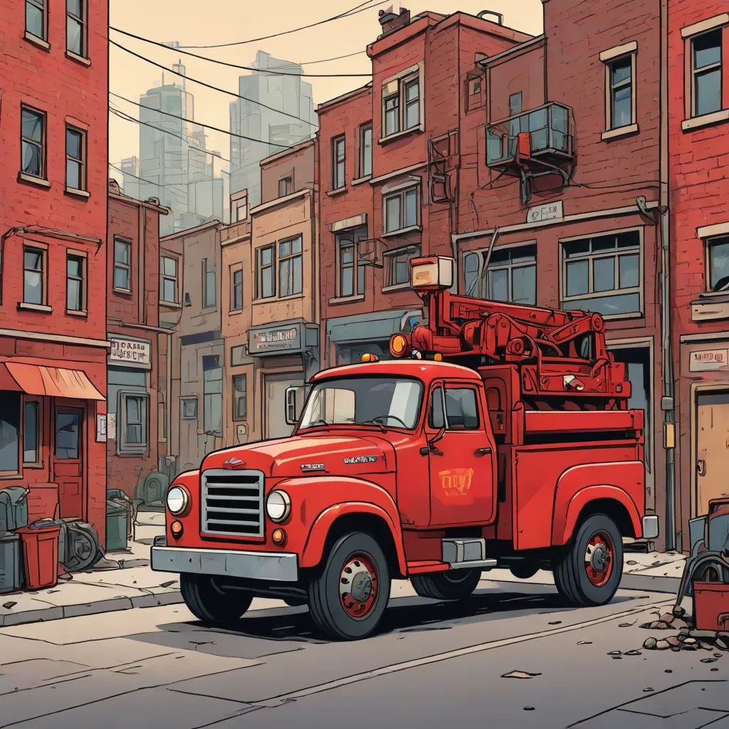 a red truck parked on the side of a road next to tall buildings and a clock tower in the distance, american scene painting, a comic book panel, Asaf Hanuka, establishing shot