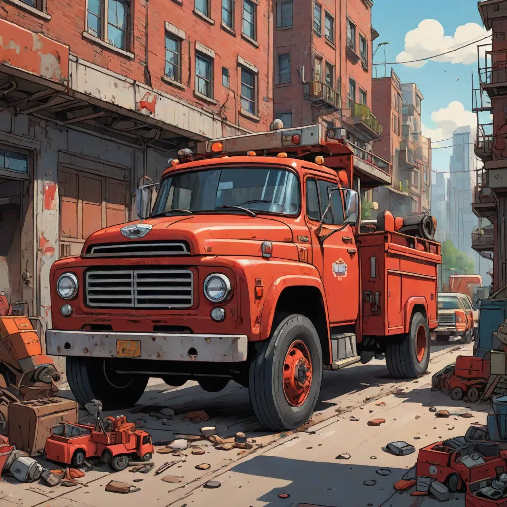 a red truck parked in front of a building on a city street with lots of rubble and debris around it, photorealism, a detailed matte painting, Chris LaBrooy, matte drawing
