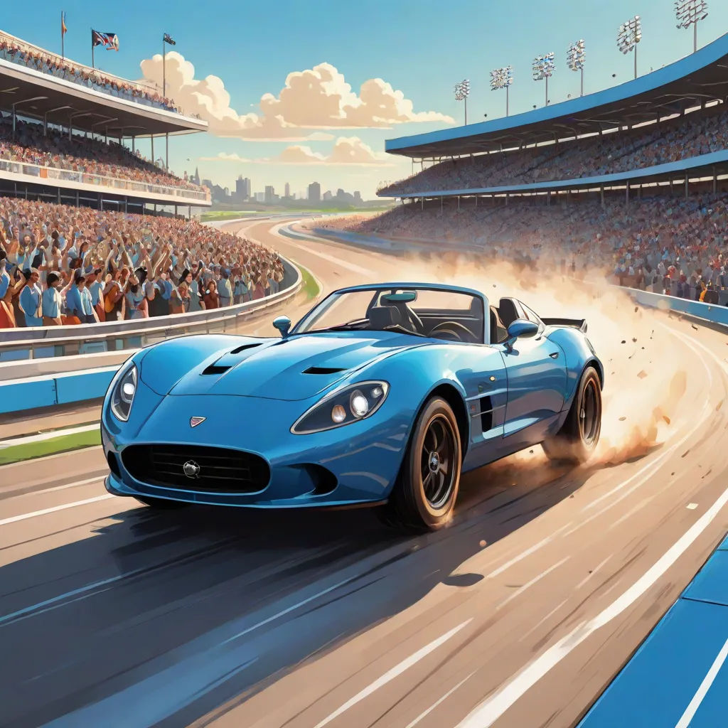 a blue sports car driving on a track with a crowd of people watching from the stands behind it in a stadium, photorealism, an ultrafine detailed painting, Allan Brooks, highly detailed digital painting