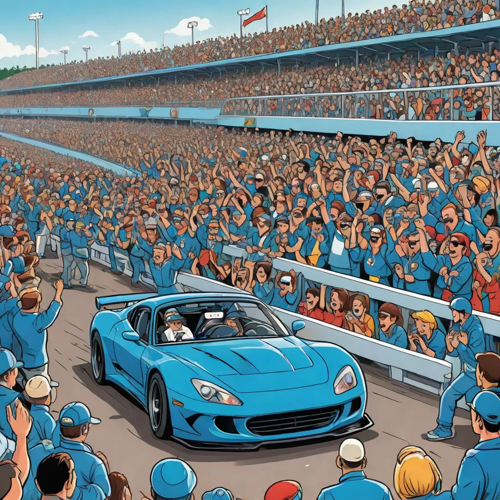 a blue sports car driving past a crowd of people in a stadium with a flag on it's roof, cobra, a comic book panel, Christopher Moeller, graphic novel