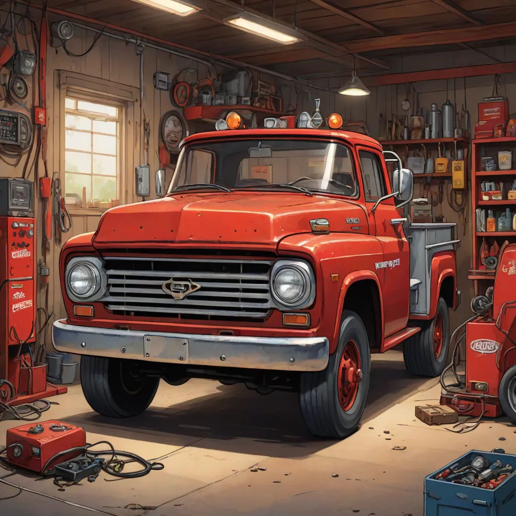 a red truck parked in a garage next to a red tool box and a red tool box on the floor, american scene painting, an ultrafine detailed painting, Brothers Hildebrandt, highly detailed digital painting