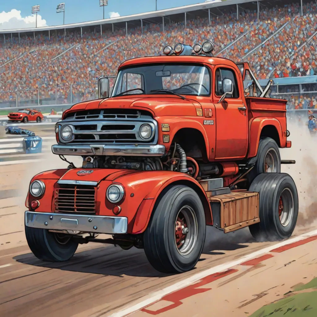 a painting of a red truck driving on a track with a crowd of people watching from the stands behind it, american scene painting, an ultrafine detailed painting, Art Brenner, highly detailed digital painting