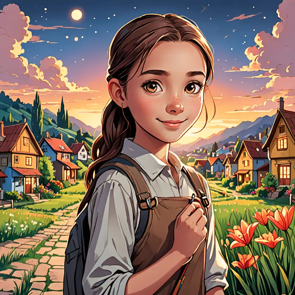 a girl with a backpack is standing in front of a sunset and a small town with flowers and houses, Artgerm, magical realism, a storybook illustration, rossdraws global illumination