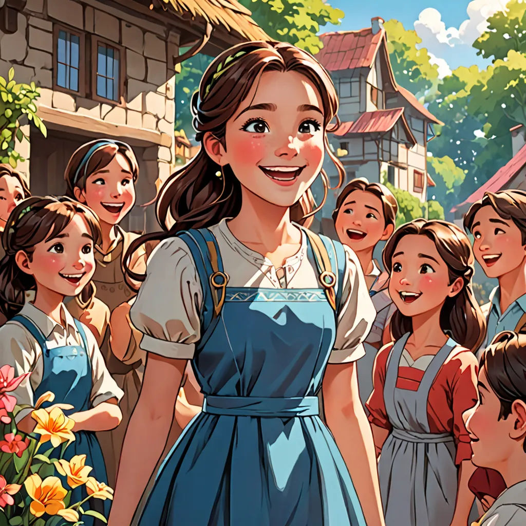 a cartoon of a girl in a blue dress surrounded by other girls and a boy in a red shirt, disney, fantasy art, a storybook illustration, official art