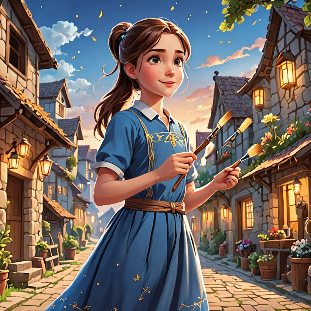 a girl in a blue dress holding a broom and a pot of flowers in front of a street with houses, artist, fantasy art, a storybook illustration, kinkade
