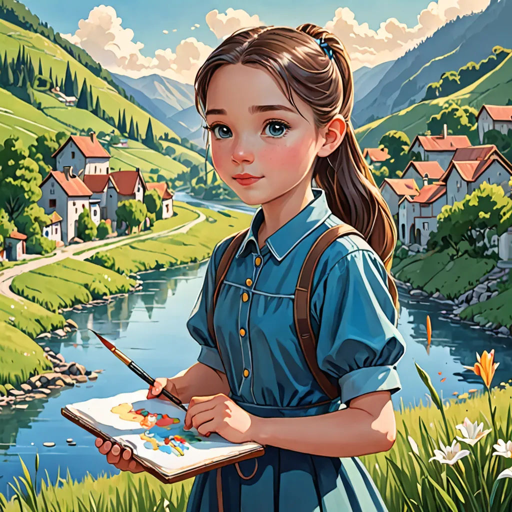 a painting of a girl holding a brush and a book in her hands, in front of a scenic landscape, artist, american scene painting, a detailed painting, trending on art station