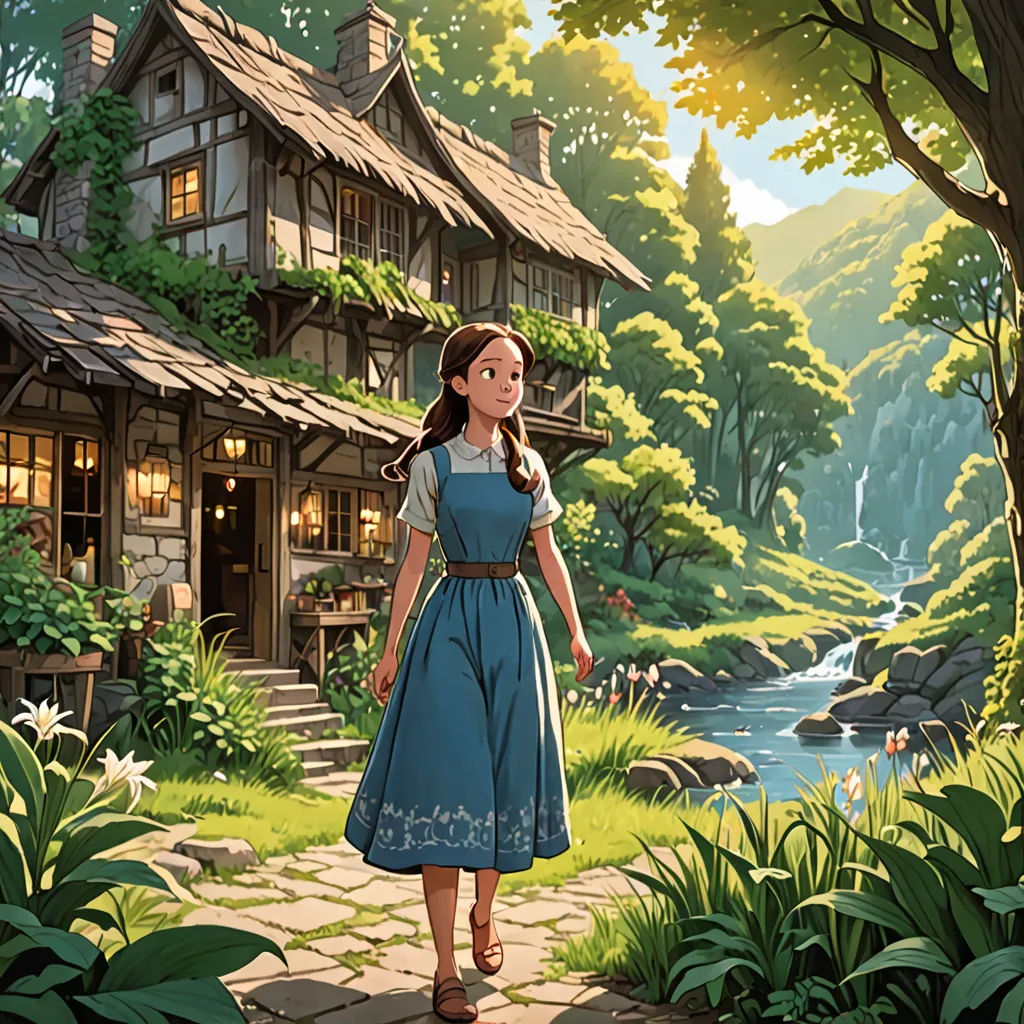 a girl in a blue dress walking towards a house in the woods with a stream running through it and a stream running through the woods, Colin Middleton, american scene painting, a storybook illustration, official art