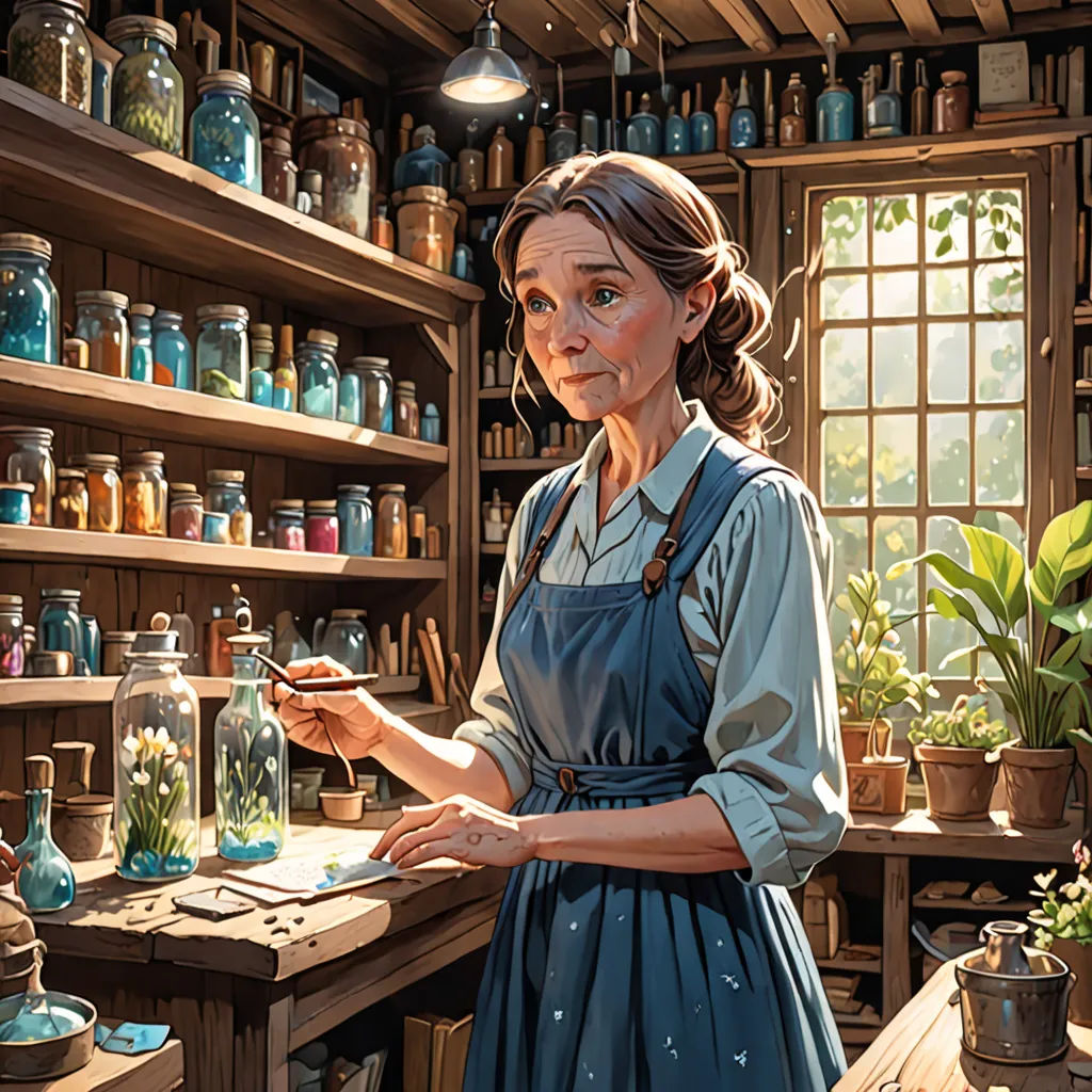 a woman in a blue dress holding a piece of paper in a room full of shelves with plants and jars, Chris LaBrooy, arts and crafts movement, a storybook illustration, highly detailed digital painting