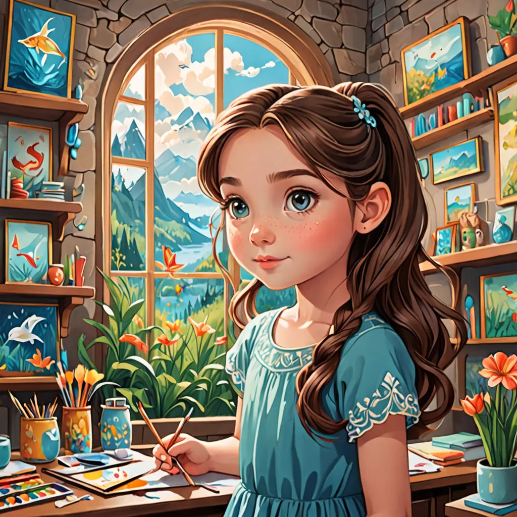 a girl is painting in a room with a window and a view of the mountains and flowers on the wall, artist, naive art, a detailed painting, highly detailed digital painting