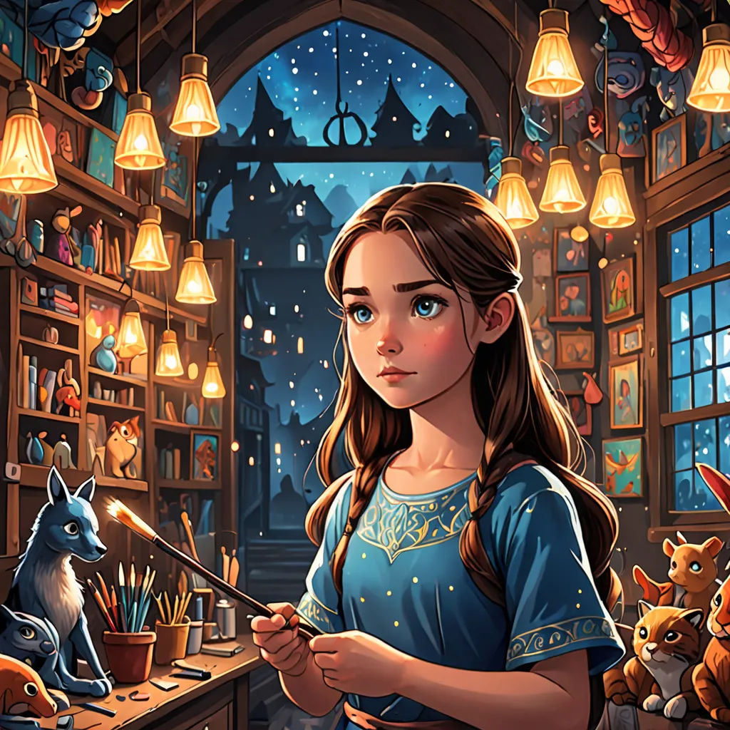 a girl is holding a wand in a room full of stuffed animals and a window with lights on it, Alejandro Burdisio, fantasy art, a storybook illustration, rossdraws global illumination