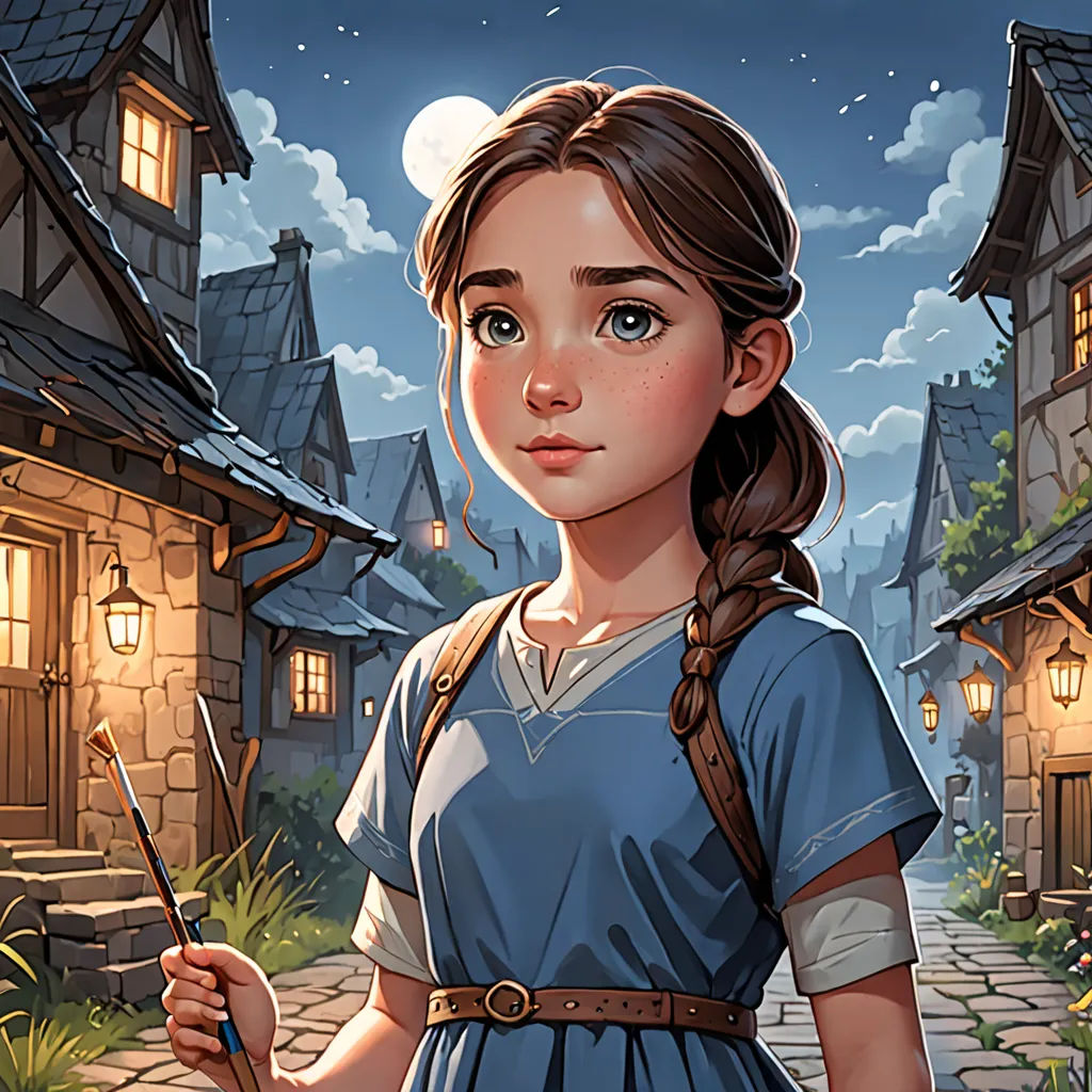 a girl in a blue dress holding a wand and a cane in front of a house with a full moon, Artgerm, fantasy art, a storybook illustration, fantasy illustration