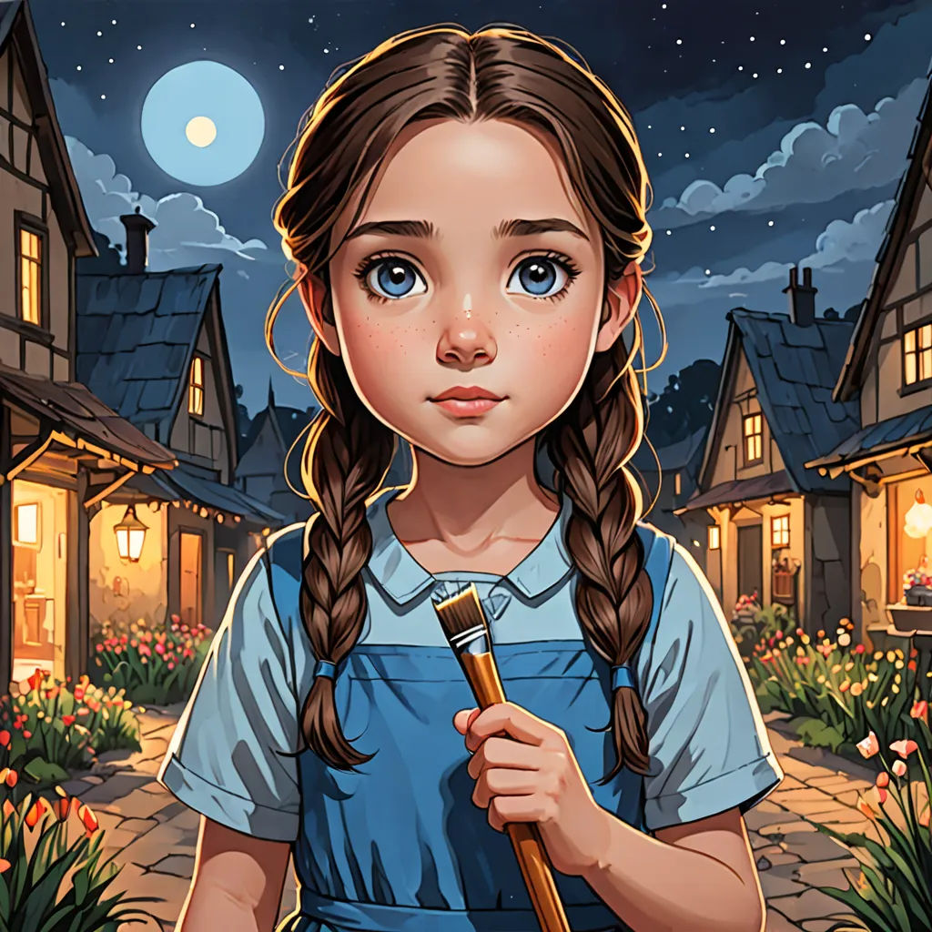 a girl with a broom standing in front of a house at night with a full moon in the sky, Edgar Ainsworth, fantasy art, a storybook illustration, trending on art station