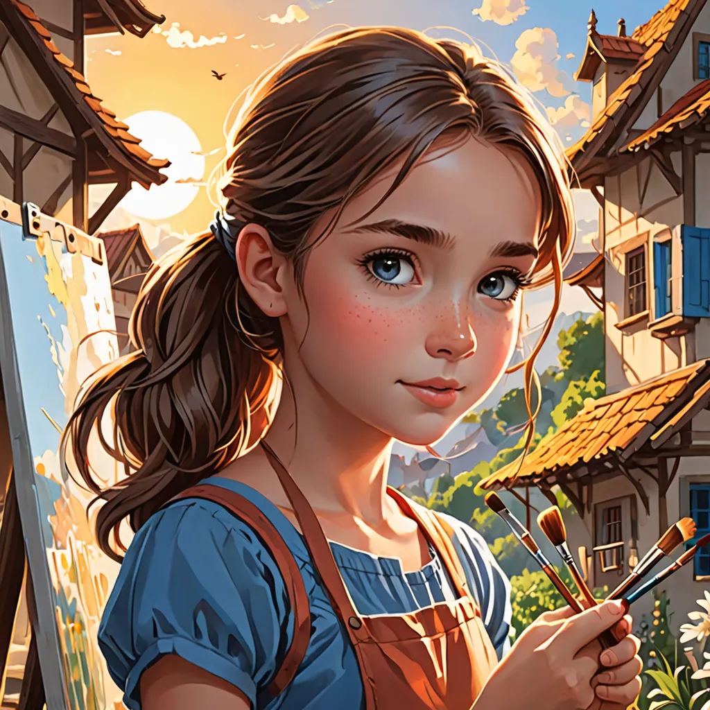 a girl holding a paintbrush and a paintbrush in her hand in front of a painting of a house, Artgerm, fantasy art, a detailed painting, stanley artgerm lau