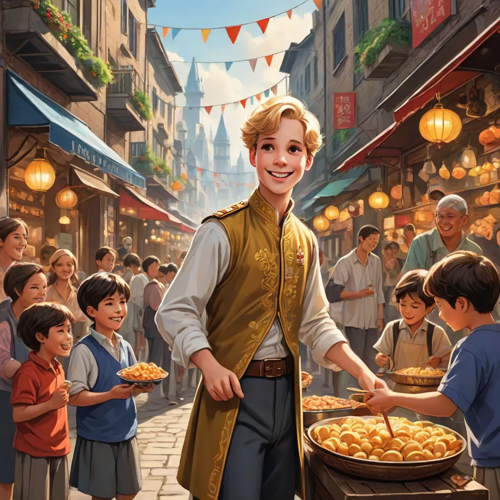 a boy in a yellow vest holding a tray of food in front of a crowd of children in a street, Bourgeois, magical realism, a storybook illustration, kinkade