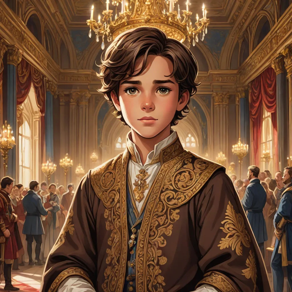 a painting of a boy in a fancy dress in a palace setting with a chandelier and a chandelier, Charlie Bowater, sots art, a character portrait, official art