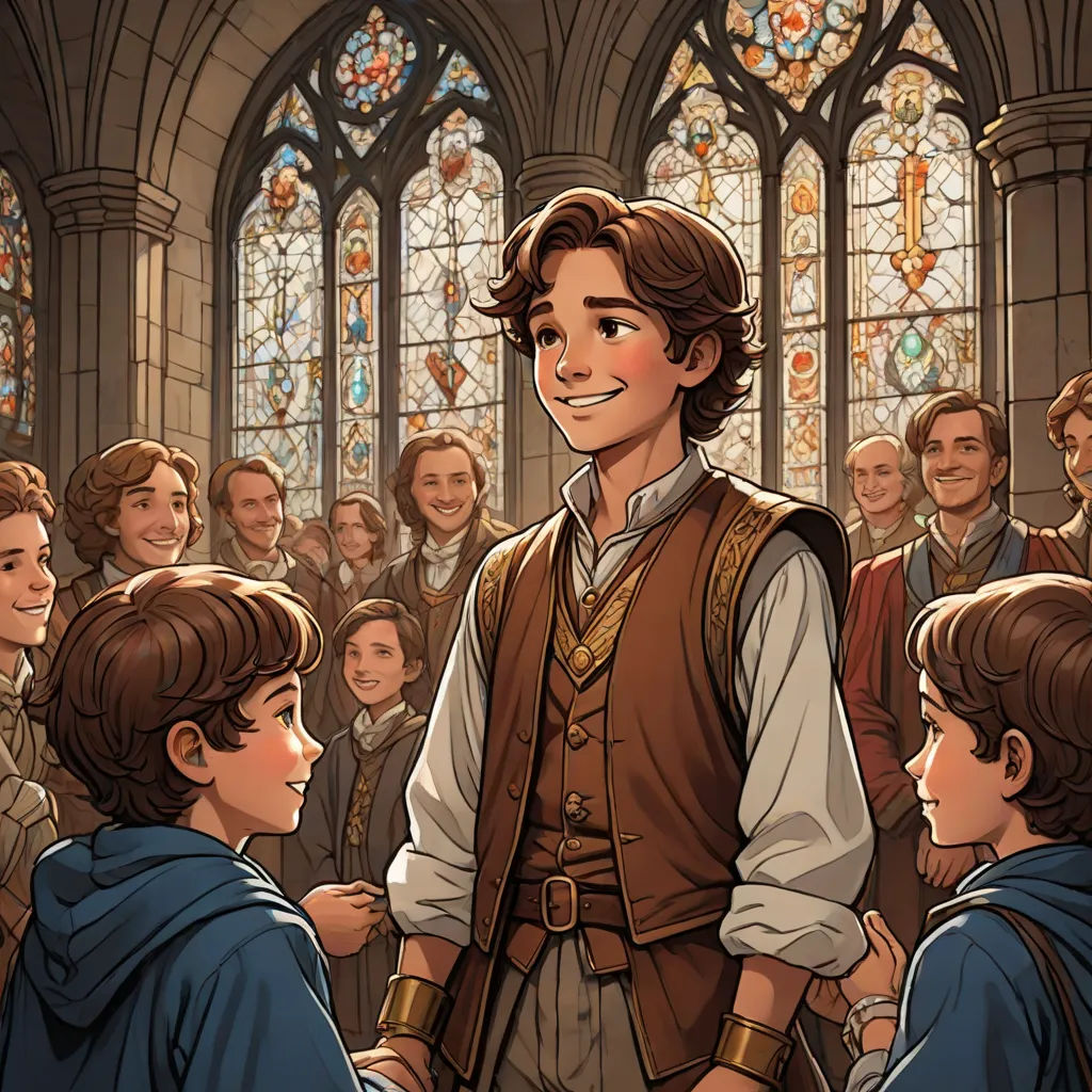 a cartoon of a man in a brown vest talking to a group of people in front of a stained glass window, Brothers Hildebrandt, fantasy art, a storybook illustration, kinkade