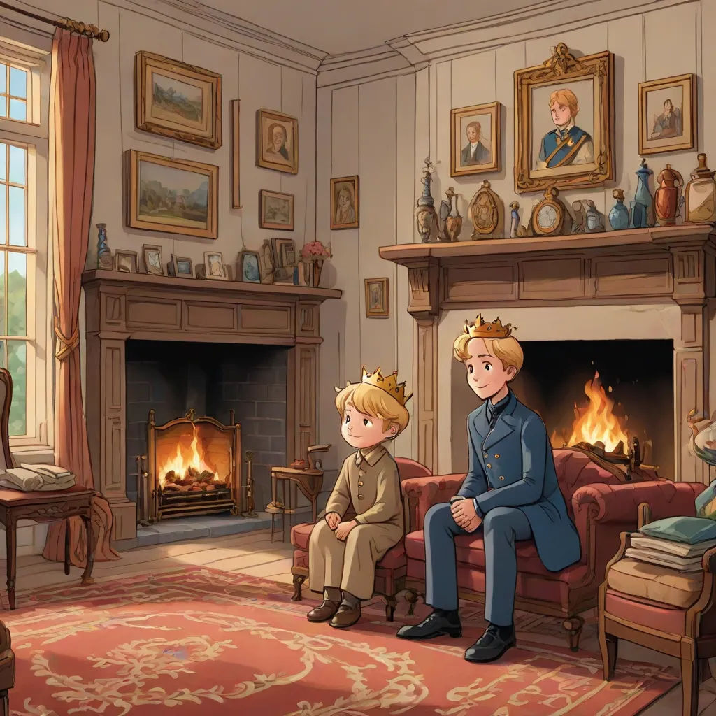 a boy and a boy sitting in a room with a fireplace and a painting on the wall behind them, Beatrix Potter, sots art, a storybook illustration, official art
