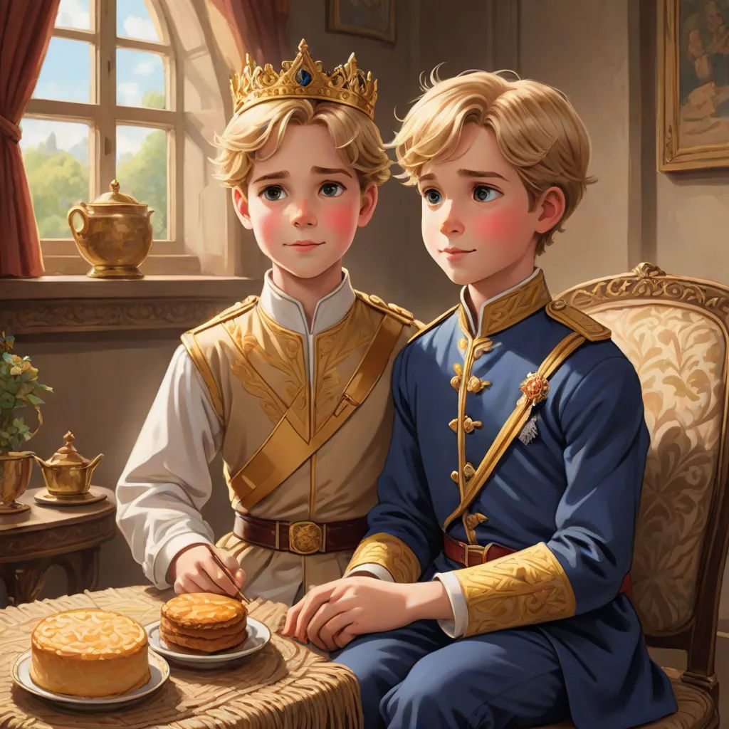 a painting of two children in uniform sitting at a table with a cake on it and a teapot, Brothers Hildebrandt, sots art, a storybook illustration, official art