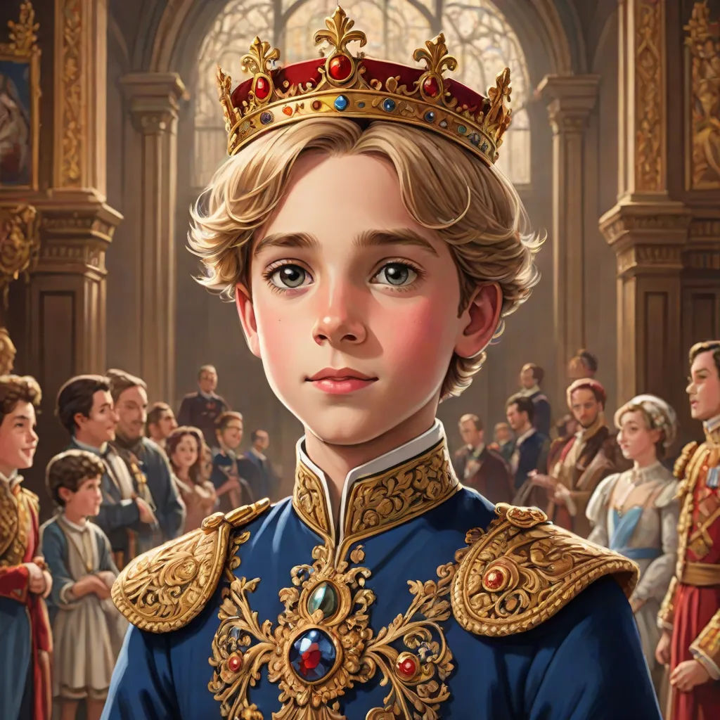 a painting of a young boy in a blue uniform with a crown on his head and people in the background, Brothers Hildebrandt, sots art, a detailed painting, official art