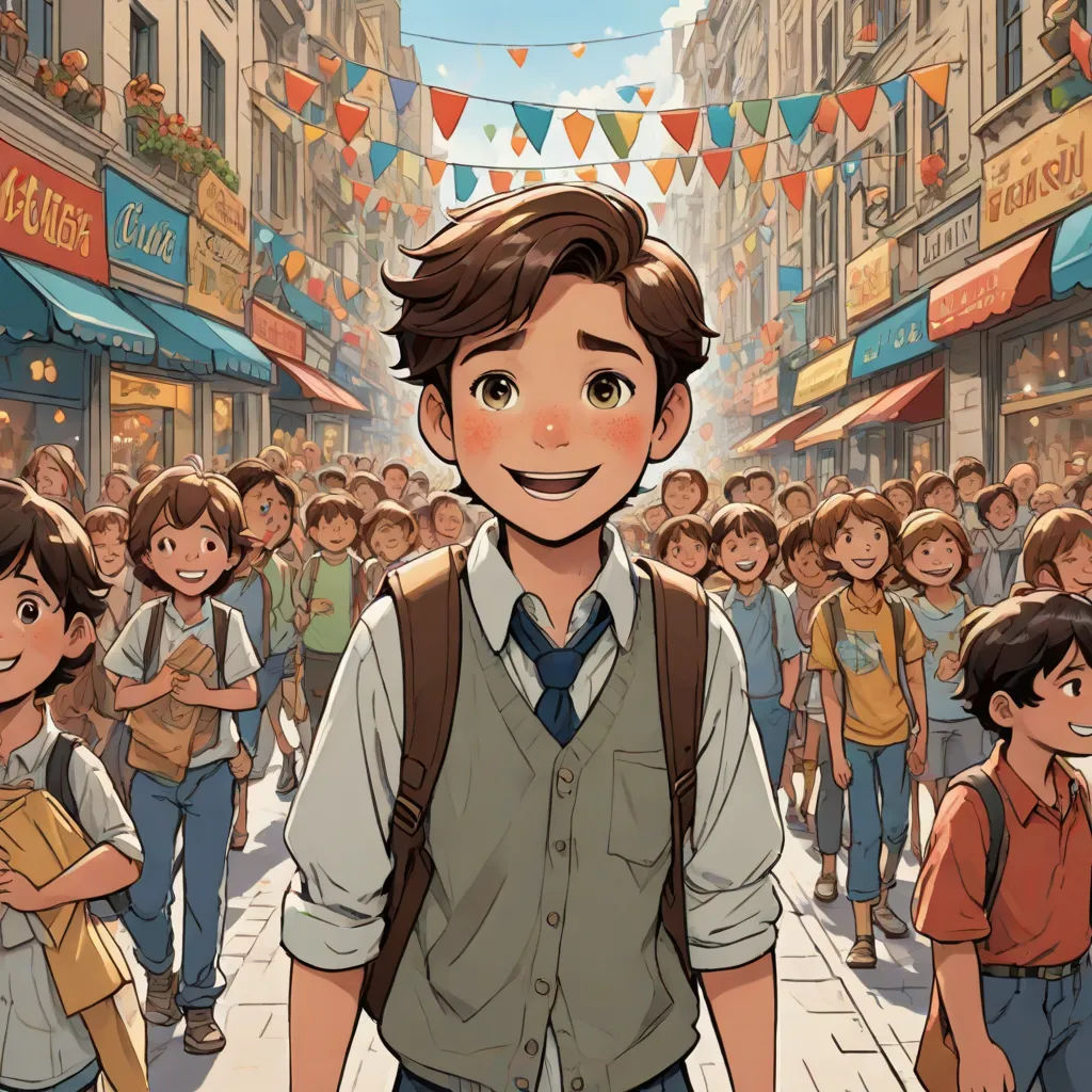 a boy in a school uniform standing in front of a crowd of people on a city street with a banner above him, Asaf Hanuka, magical realism, a comic book panel, rossdraws global illumination