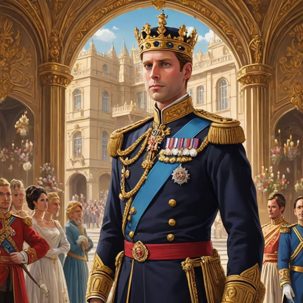a painting of a man in a blue uniform with a crown on his head and other people in formal dress, Charles Bird King, sots art, a detailed painting, highly detailed digital painting