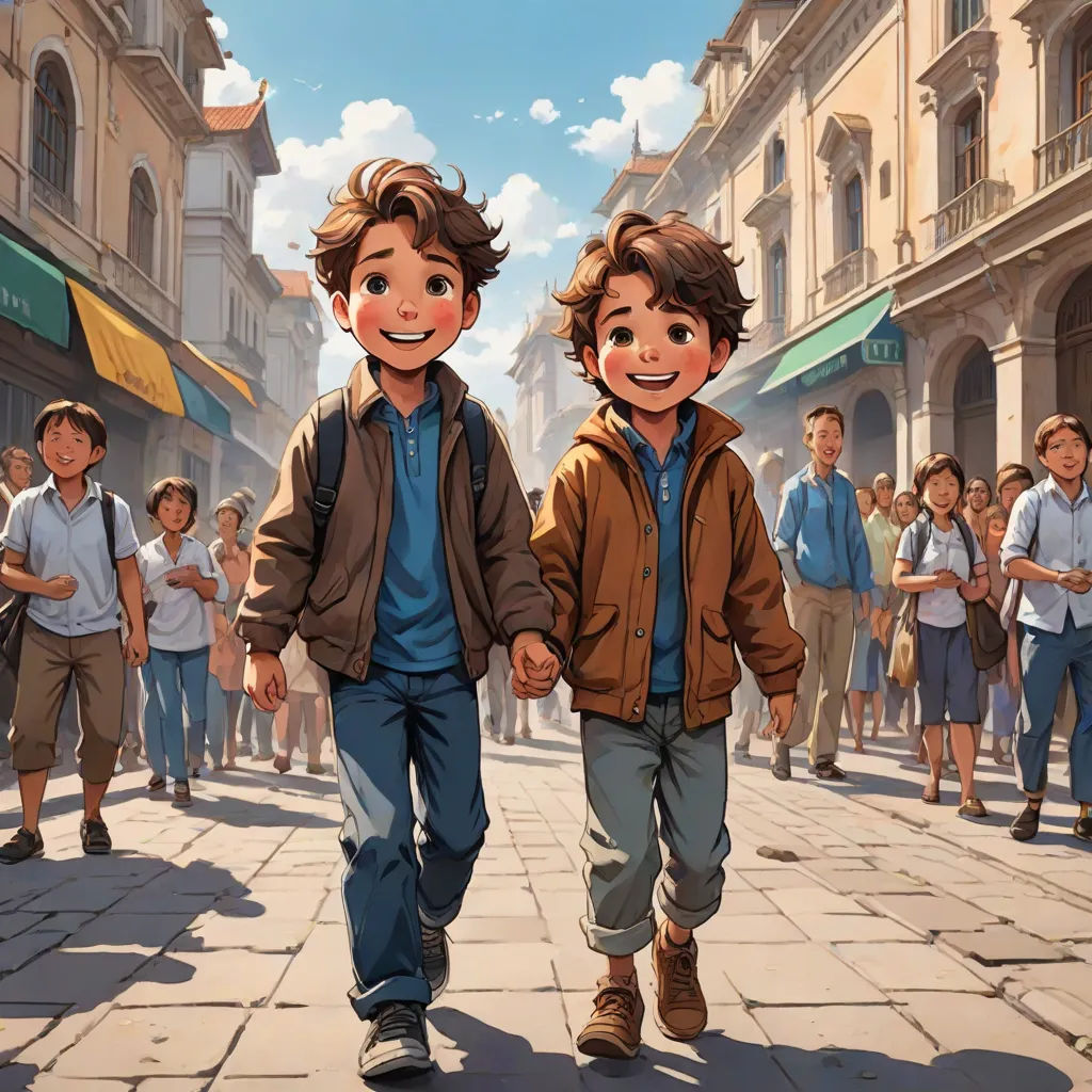 a couple of kids walking down a street next to each other on a sidewalk with people walking by them, Brothers Hildebrandt, magic realism, a storybook illustration, cushart krenz