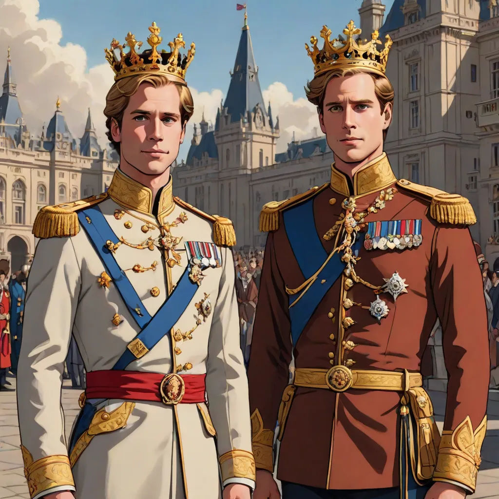 a painting of two men in uniform standing next to each other in front of a castle with a clock tower, Brothers Hildebrandt, sots art, concept art, official art