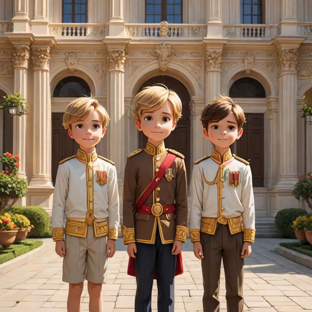 three children in uniforms standing in front of a building with a clock tower in the background and a statue of a man in the middle, disney, sots art, concept art, official art