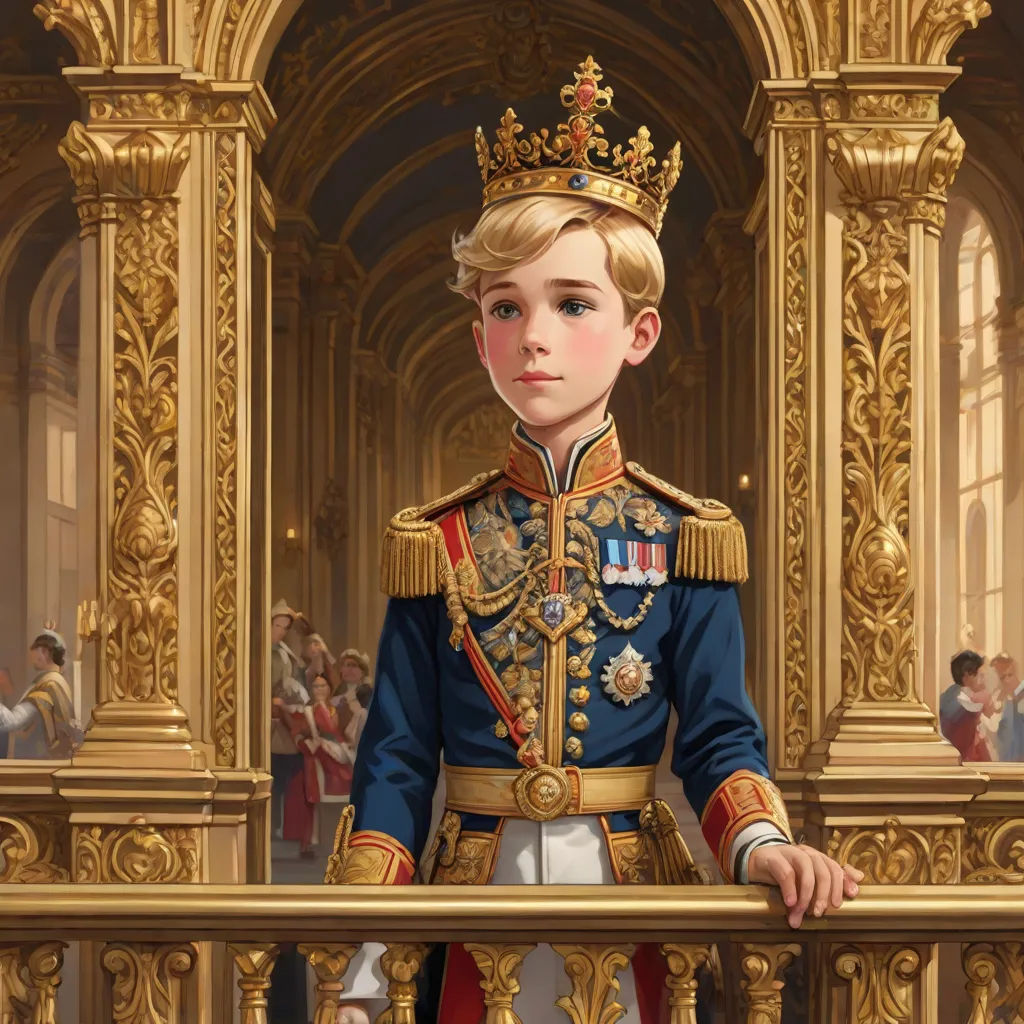 a painting of a boy in a blue uniform standing in front of a balcony railing with a crowd of people, Charles Bird King, sots art, a detailed painting, detailed painting