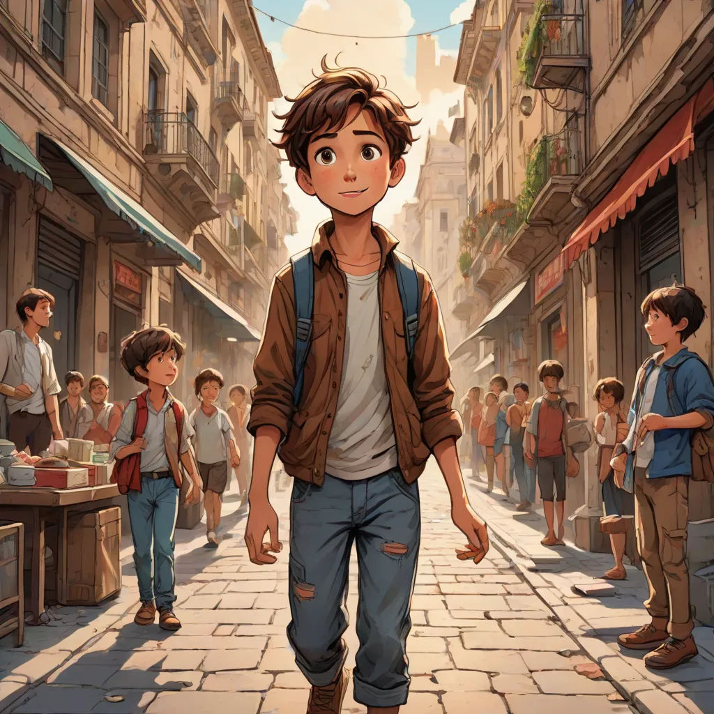 a boy walking down a street with a backpack on his back and a group of people standing around him, Asaf Hanuka, magical realism, a comic book panel, rossdraws global illumination