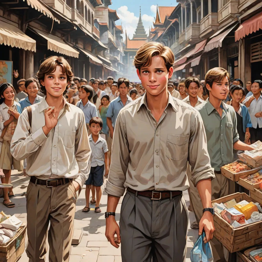 a painting of a man walking down a street with a group of people behind him and a woman standing in front of him, Brothers Hildebrandt, socialist realism, a detailed matte painting, kinkade