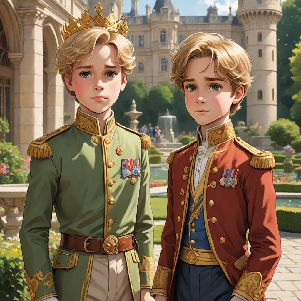 a painting of two children in uniform standing next to each other in front of a castle with a fountain, Brothers Hildebrandt, sots art, a storybook illustration, official art