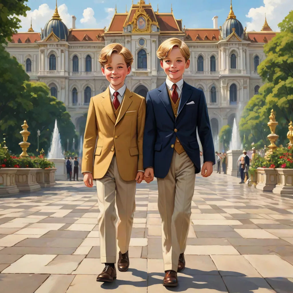 two boys in suits walking down a sidewalk in front of a building with a fountain and fountain in the background, Brothers Hildebrandt, viennese actionism, an ultrafine detailed painting, cushart krenz