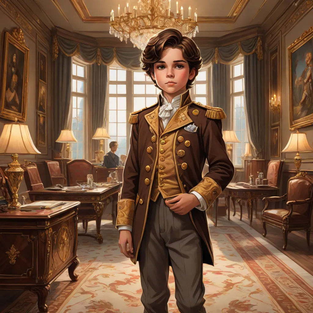 a painting of a boy in a suit and tie standing in a room with a chandelier and a table, Charlie Bowater, paris school, a detailed painting, kinkade
