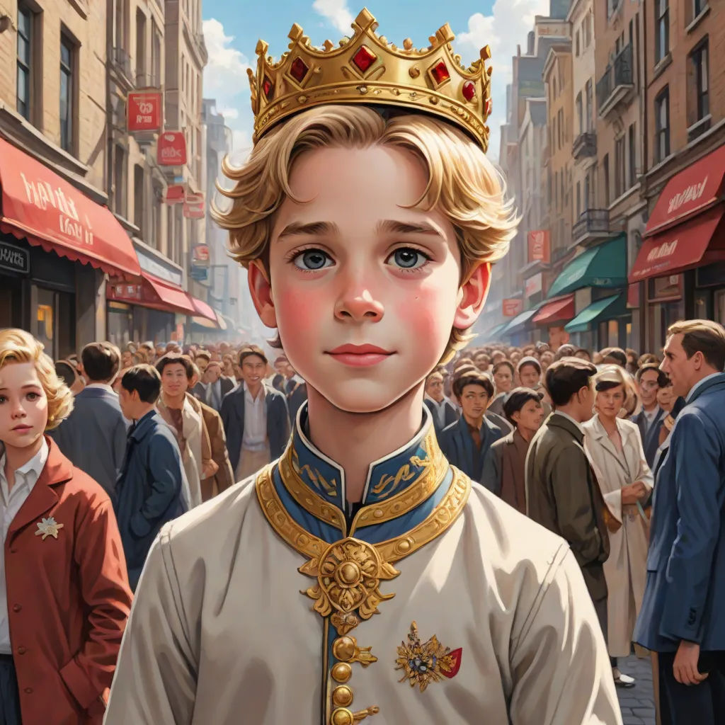 a painting of a boy in a crown and a crowd of people in the background, all dressed in historical clothing, Edwin Georgi, sots art, a detailed painting, kinkade