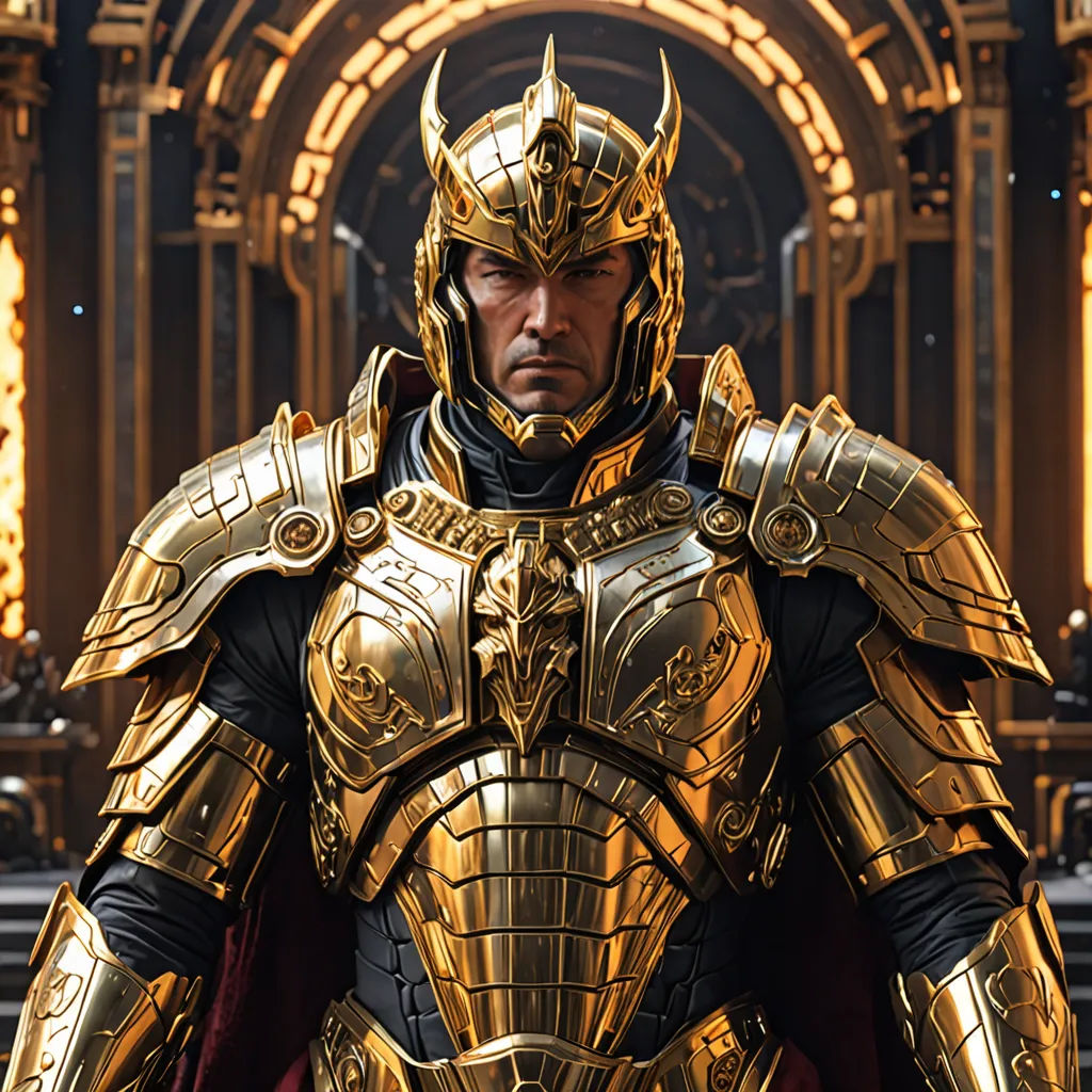a man in a gold armor standing in a room with a fire in the background and a large doorway, antipodeans, concept art, Altoon Sultan, unreal engine highly rendered